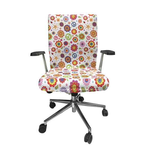 Ambesonne Vintage 70's Office Chair Cover Stretchable High Back, Hippie Flowers Peace, White and Multicolor