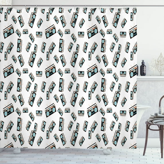 Ambesonne Vintage 70's Shower Curtain, Abstract Old Radios, 69"Wx70"L, Turquoise White Peach