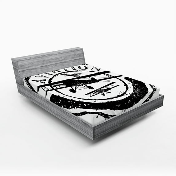 Ambesonne Vintage Airplane Fitted Sheet 2 Pcs Set, Aviation Retro, California King, Black and White