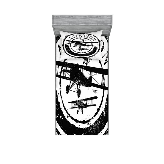 Ambesonne Vintage Airplane Fitted Sheet & Pillow Sham Set, Aviation Retro, Twin, Black and White