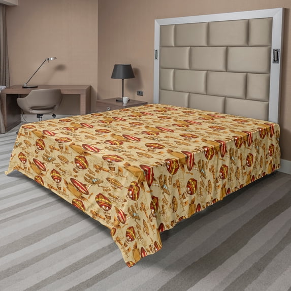 Ambesonne Vintage Airplane Flat Sheet, Aviation Style, Full Size, Pale Brown Red Yellow