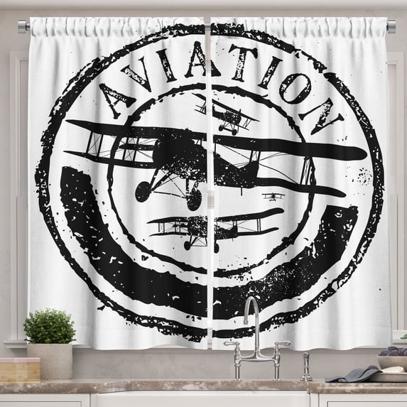Ambesonne Vintage Airplane Kitchen Curtains, Aviation Retro, 55"x39", Black and White