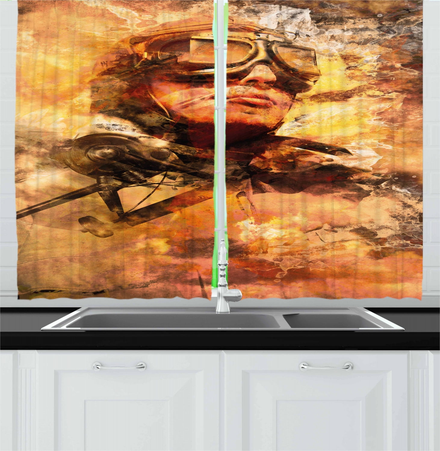 Vintage Airplane Pilot Portrait Light-Filtering Kitchen Curtains