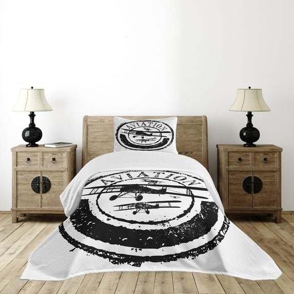 Ambesonne Vintage Airplane Quilted Bedspread Set 2 Pcs, Aviation Retro, Twin Size, Black and White