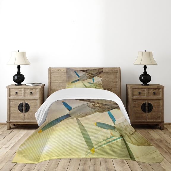 Ambesonne Vintage Airplane Quilted Bedspread Set 2 Pcs, Old Aircraft, Twin Size, Brown Blue Yellow