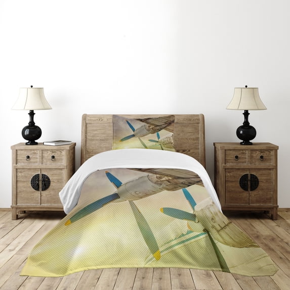 Ambesonne Vintage Airplane Quilted Bedspread Set 2 Pcs, Old Aircraft, Twin Size, Brown Blue Yellow