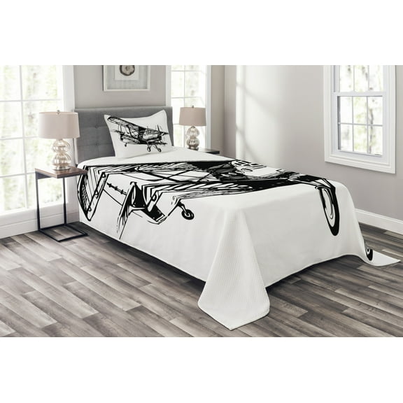 Ambesonne Vintage Airplane Quilted Bedspread Set 2 Pcs, Sketch Art, Twin Size, Black and White