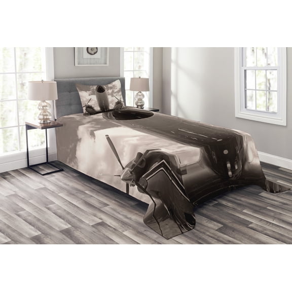 Ambesonne Vintage Airplane Quilted Bedspread Set 2 Pcs, Turboprop Nose, Twin Size, Sepia White