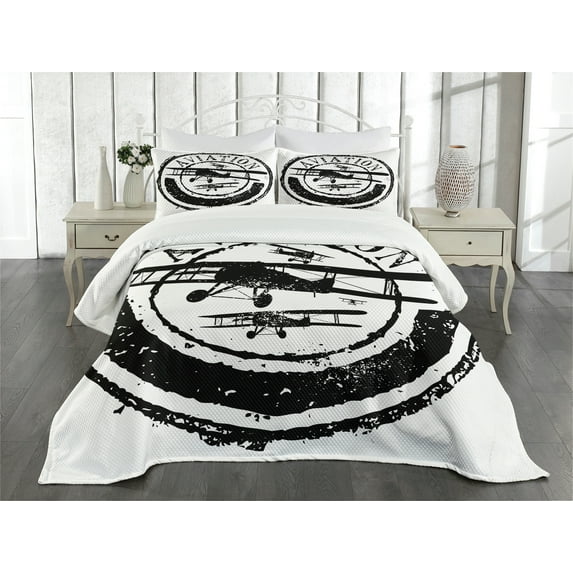 Ambesonne Vintage Airplane Quilted Bedspread Set 3 Pcs, Aviation Retro, King Size, Black and White