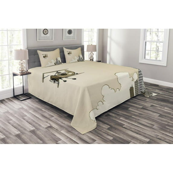 Ambesonne Vintage Airplane Quilted Bedspread Set 3 Pcs, Cartoon Plane, King Size, Tan White Grey