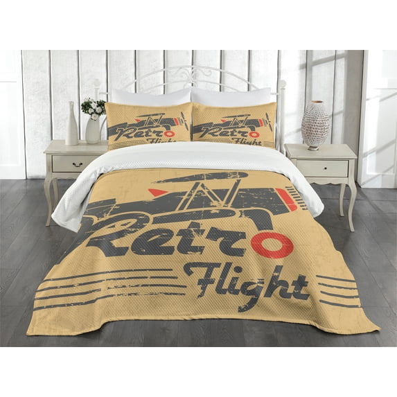 Ambesonne Vintage Airplane Quilted Bedspread Set 3 Pcs, Retro Emblem, Queen Size, Sand Brown Vermilion