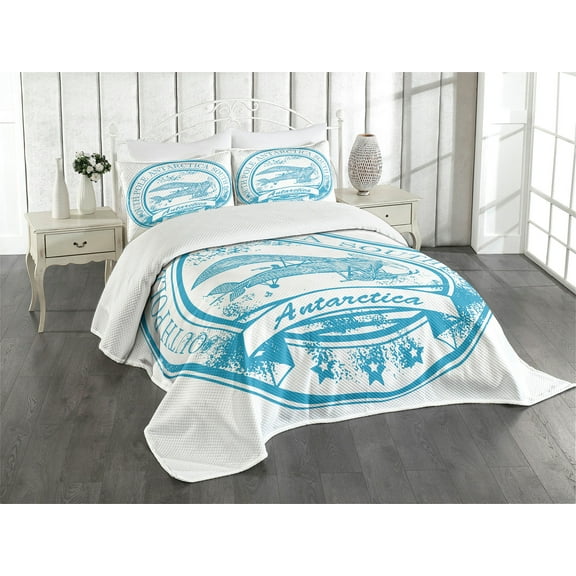 Ambesonne Vintage Airplane Quilted Bedspread Set 3 Pcs, South Antarctica, King Size, Sky Blue White