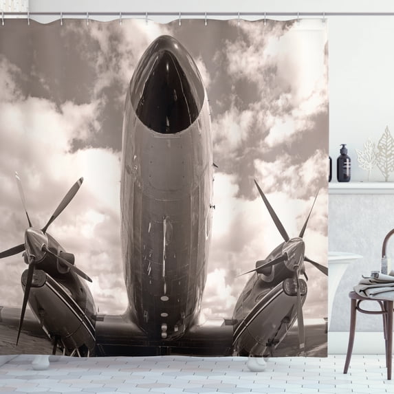 Ambesonne Vintage Airplane Shower Curtain, Turboprop Nose, 69"Wx84"L, Sepia White