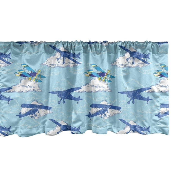 Ambesonne Vintage Airplane Window Valance, Aircraft Silhouettes Flying in the Sky Above the Clouds, Curtain Valance for Kitchen Bedroom Decor with Rod Pocket, 54" X 12", Pale Blue Dark Blue