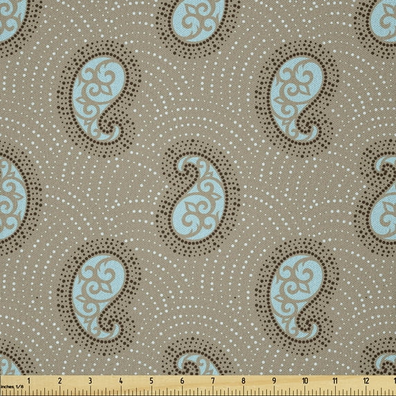 Ambesonne Vintage Asian Fabric by the Yard Microfiber, Paisley Feels Retro, 5 Yards, Dark Tan and Pale Blue