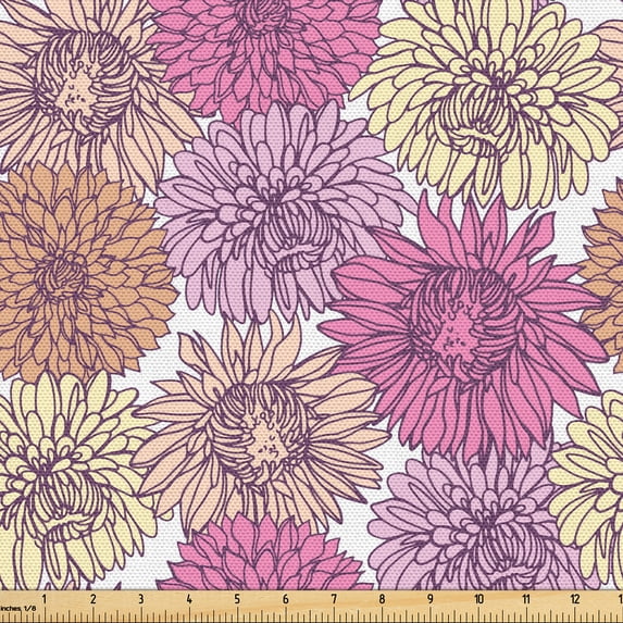 Ambesonne Vintage Asian Fabric by the Yard Upholstery, Chrysanthemums Spring, 3 Yards, White Cream and Baby Pink