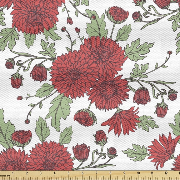 Ambesonne Vintage Asian Fabric by the Yard Upholstery, Floral Style of Petal, 1 Yard, Dark Pink and White