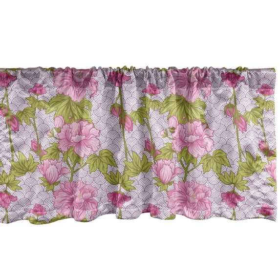 Ambesonne Vintage Asian Valance Pack of 2, Peony in Japanese Art, 42"X12", White Avocado Green and Pink