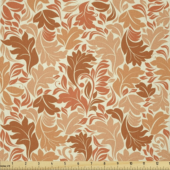 Ambesonne Vintage Autumn Fabric by the Yard Microfiber, Peachy Curved Leaves, 1 Yard, Salmon Rust and Cream