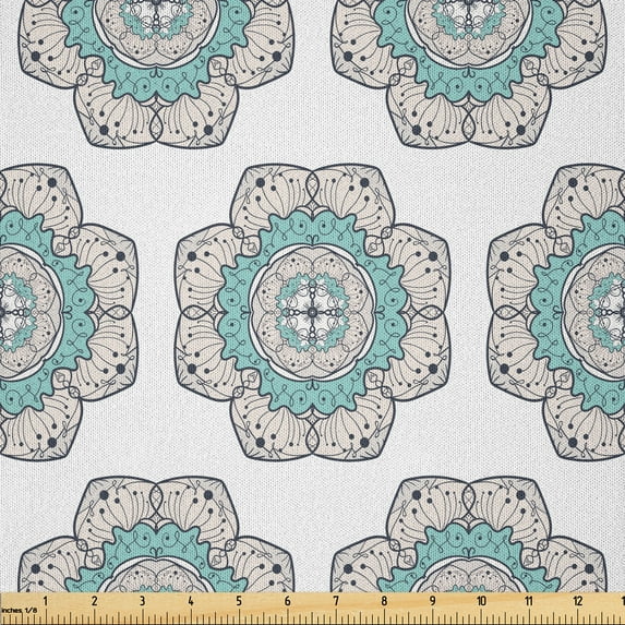 Ambesonne Vintage Aztec Fabric by the Yard Microfiber, Pastel Ornamental Art, 5 Yards, Pale Eggshell Seafoam