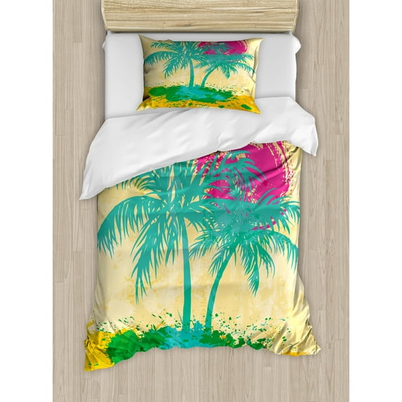 Ambesonne Vintage Beach Duvet Cover Sets, Vibrant Tones Summer, 2-Twin, Pink Pastel Yellow