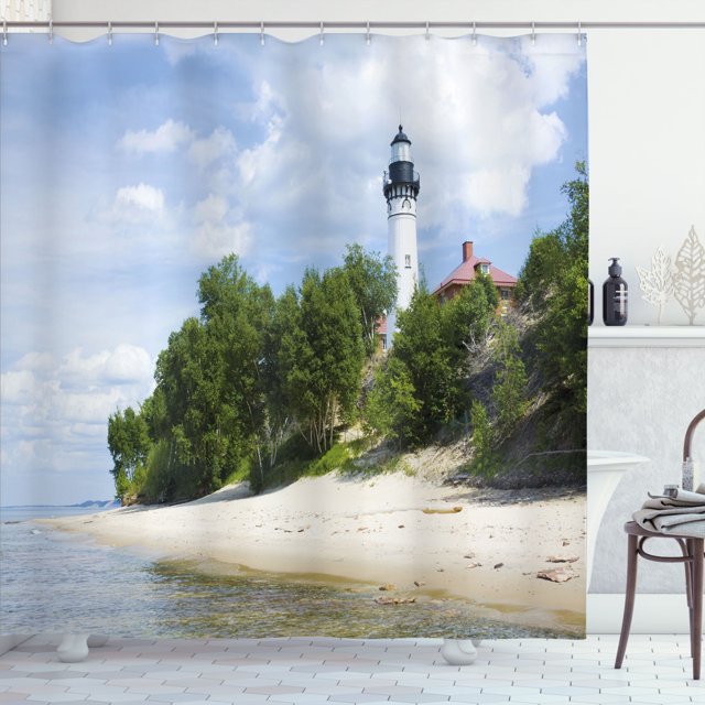 Ambesonne Vintage Beach Shower Curtain, Lighthouse at Beach, 69"Wx75"L