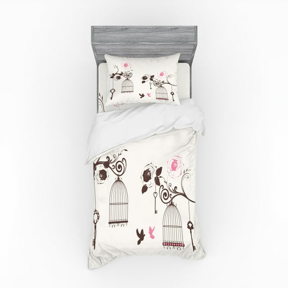 Ambesonne Vintage Bedding Set 3 Pcs, Bird Cages Keys Doves, Twin, Dark Brown Pale Pink