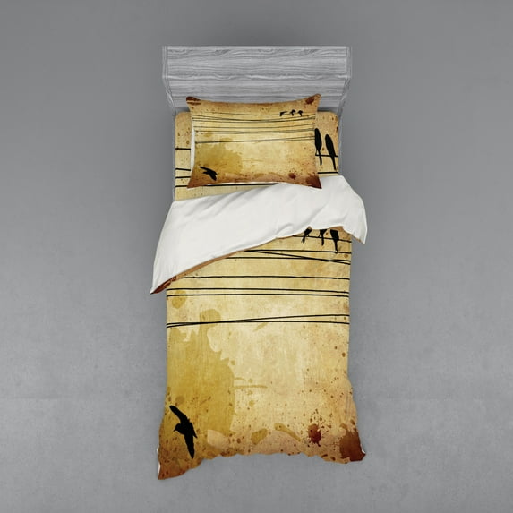 Ambesonne Vintage Bedding Set 3 Pcs, Birds on Cable Grunge, Twin XL, Mustard
