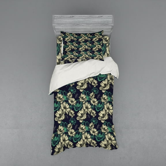 Ambesonne Vintage Bedding Set 3 Pcs, Blossoms Dragonflies, Twin, Mint Green and Dark Blue