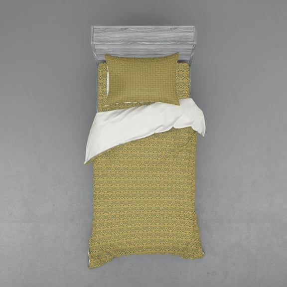 Ambesonne Vintage Bedding Set 3 Pcs, Byzantine Curves Flowers, Twin, Earth Yellow Slate Blue