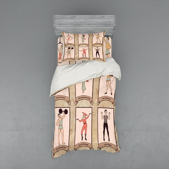 Ambesonne Vintage Bedding Set 3 Pcs, Circus Acrobats Gymnast, Twin XL, Pink Beige