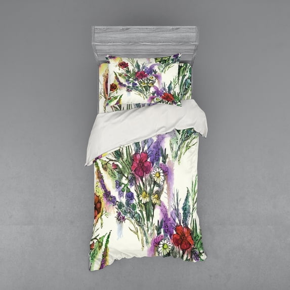 Ambesonne Vintage Bedding Set 3 Pcs, Colorful Floral Bouquet, Twin, Cream Multicolor