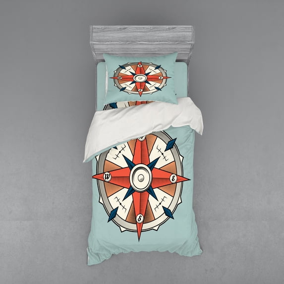 Ambesonne Vintage Bedding Set 3 Pcs, Cruise Compass Grunge, Twin XL, Pale Orange Turquoise