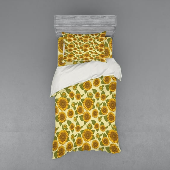 Ambesonne Vintage Bedding Set 3 Pcs, Funky Style Sunflower, Twin XL, Green Yellow