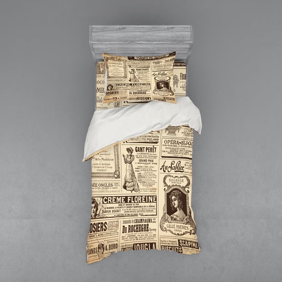 Ambesonne Vintage Bedding Set 3 Pcs, Historic French Journal, Twin, Army Green and Beige