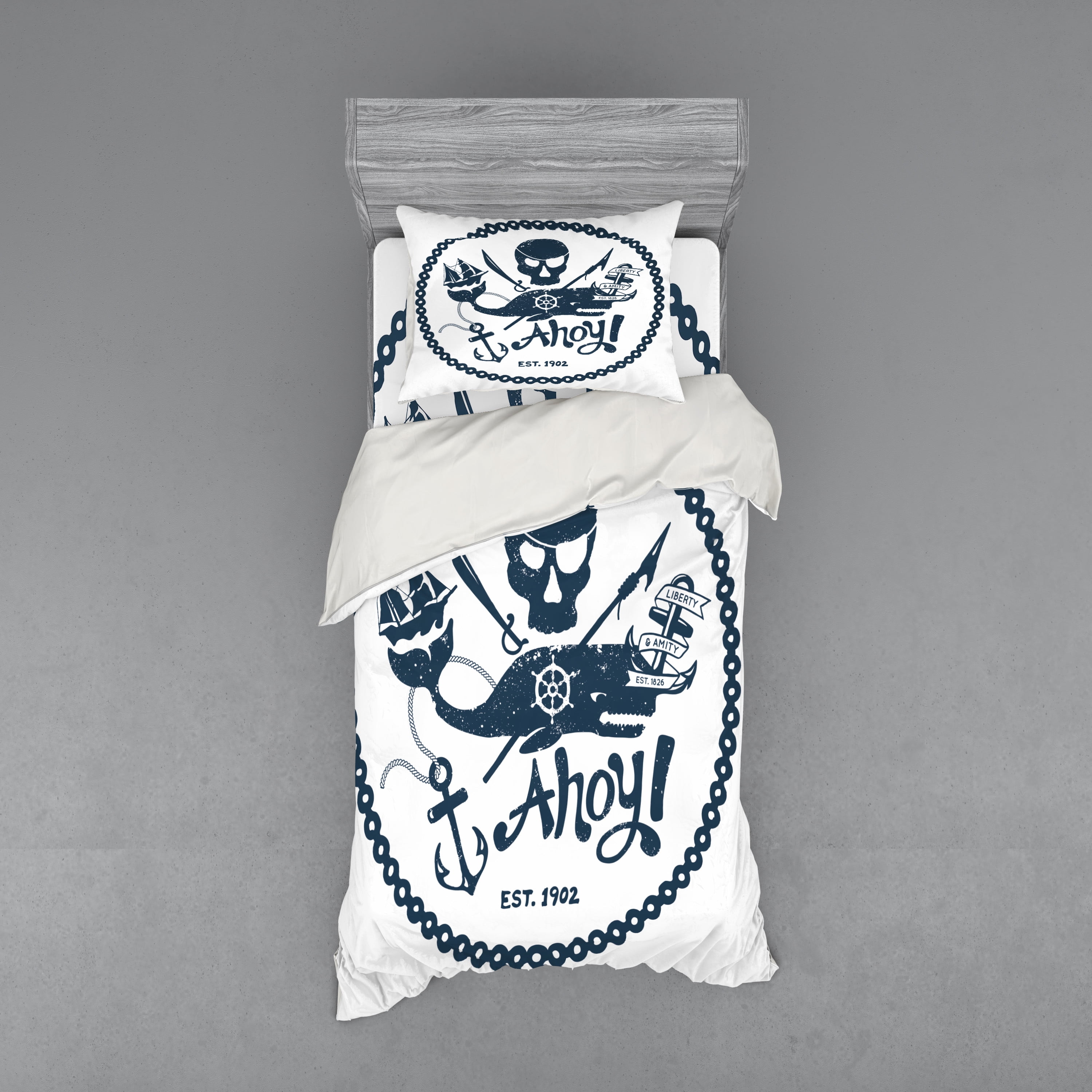 Twin Dark Blue and White Nautical Pirate Skull Duvet Cover Set