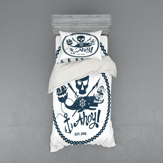 Ambesonne Vintage Bedding Set 3 Pcs, Nautical Pirate Skull, Twin, Dark Blue White