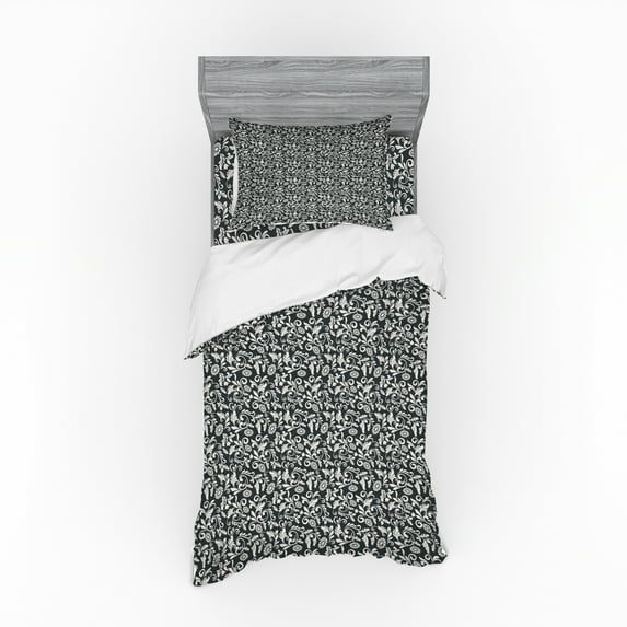 Ambesonne Vintage Bedding Set 3 Pcs, Nostalgic Burgeoning Flower, Twin XL, Pale Eggshell Dark Grey