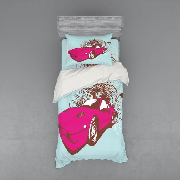 Ambesonne Vintage Bedding Set 3 Pcs, Old Car Cartoon Style, Twin XL, Pale Blue Hot Pink