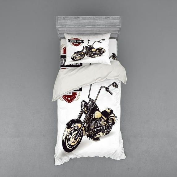Ambesonne Vintage Bedding Set 3 Pcs, Old Classic Motorcycle, Twin, Black Beige