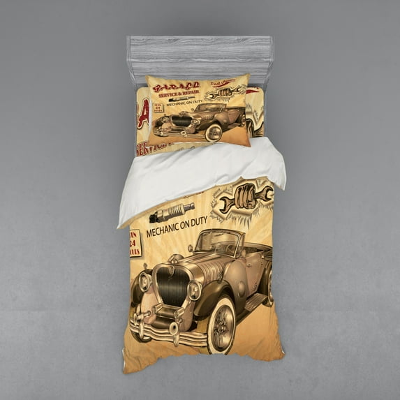 Ambesonne Vintage Bedding Set 3 Pcs, Old Style Car Repair, Twin, Sepia Red