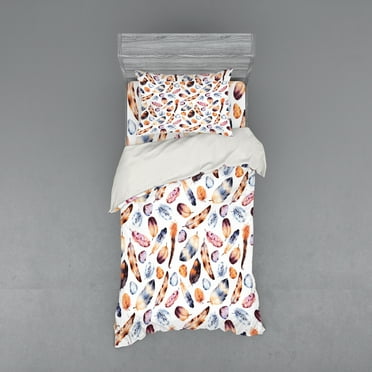 Ambesonne Vintage Bedding Set 3 Pcs, Peacock Feathers Design, Twin, Orange Blue