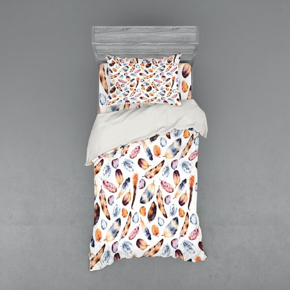Ambesonne Vintage Bedding Set 3 Pcs, Peacock Feathers Design, Twin, Orange Blue