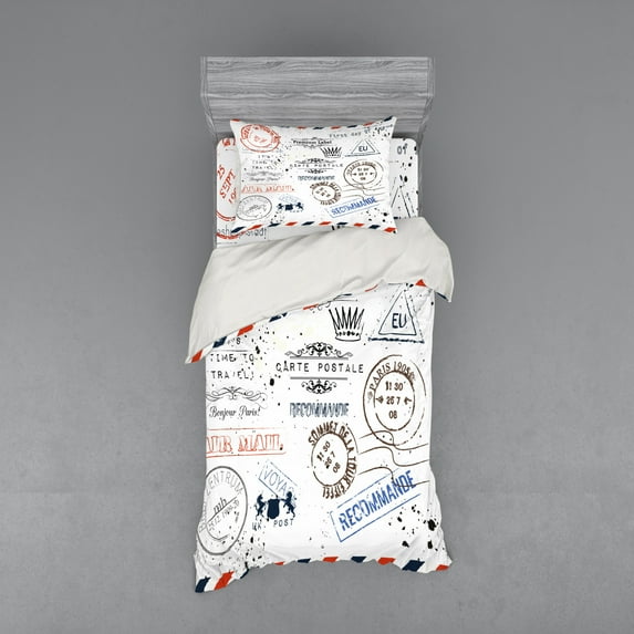 Ambesonne Vintage Bedding Set 3 Pcs, Retro Post Stamp Design, Twin, Multicolor