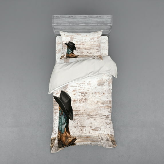 Ambesonne Vintage Bedding Set 3 Pcs, Rodeo Cowboy Grunge Hat, Twin, Black Brown