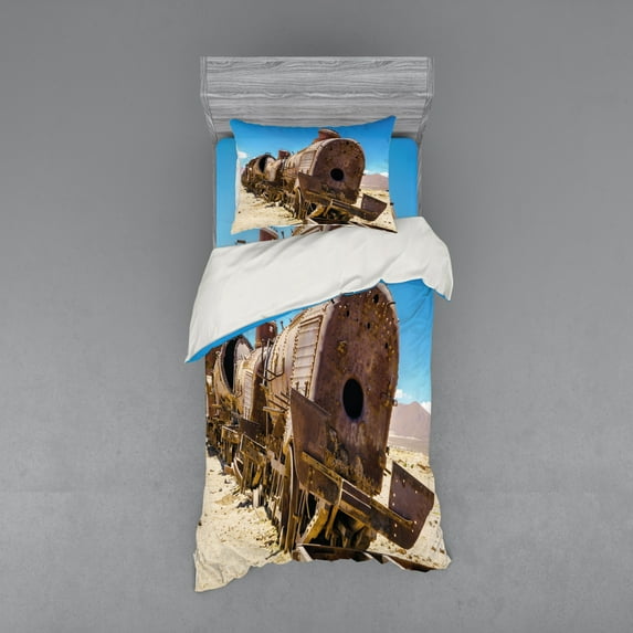 Ambesonne Vintage Bedding Set 3 Pcs, Steam Train Locomotive, Twin, Blue Brown
