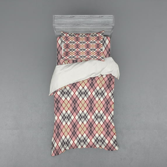 Ambesonne Vintage Bedding Set 3 Pcs, Tartan Motif, Twin, Pale Pink Ivory Grey