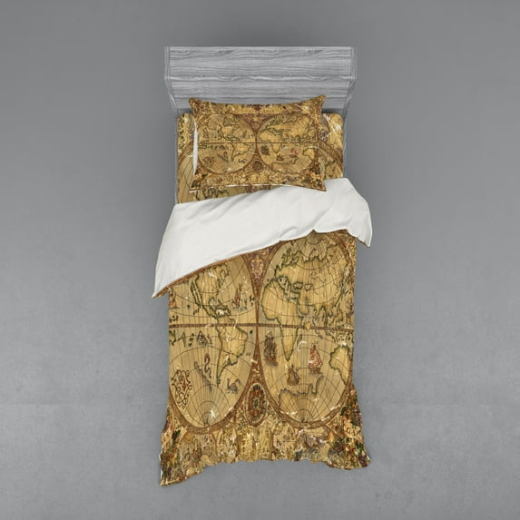 Ambesonne Vintage Bedding Set 3 Pcs, Travel Adventure World Map, Twin, Tan and Caramel