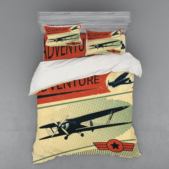Ambesonne Vintage Bedding Set 4 Pcs, Adventure with Plane, Queen, Multicolor