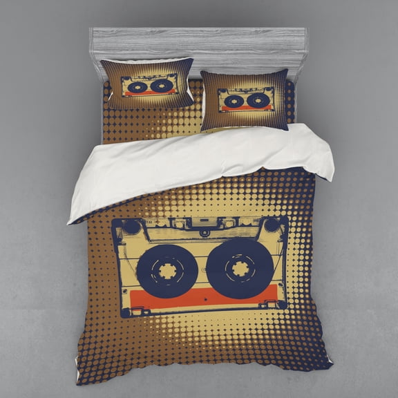 Ambesonne Vintage Bedding Set 4 Pcs, Audiocasette Music Fun, Queen, Night Blue Tan Orange